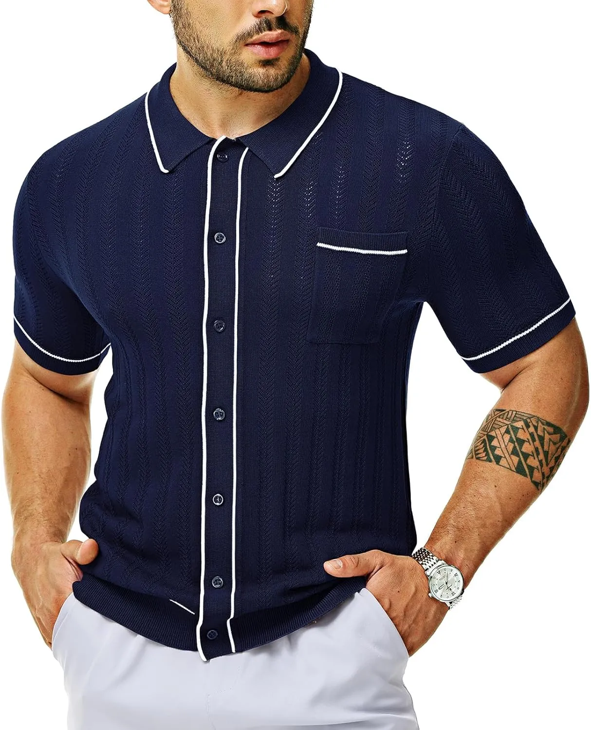 Men's Short Sleeve Breathable Knit Polo Shirt Hollow Out Button Down Knitwear