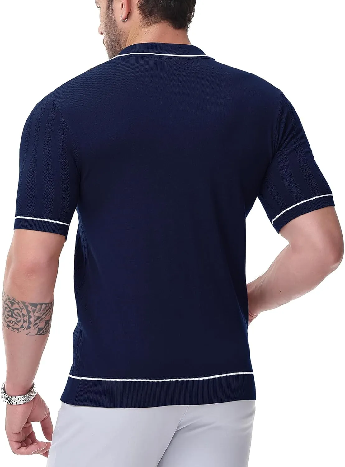 Men's Short Sleeve Breathable Knit Polo Shirt Hollow Out Button Down Knitwear