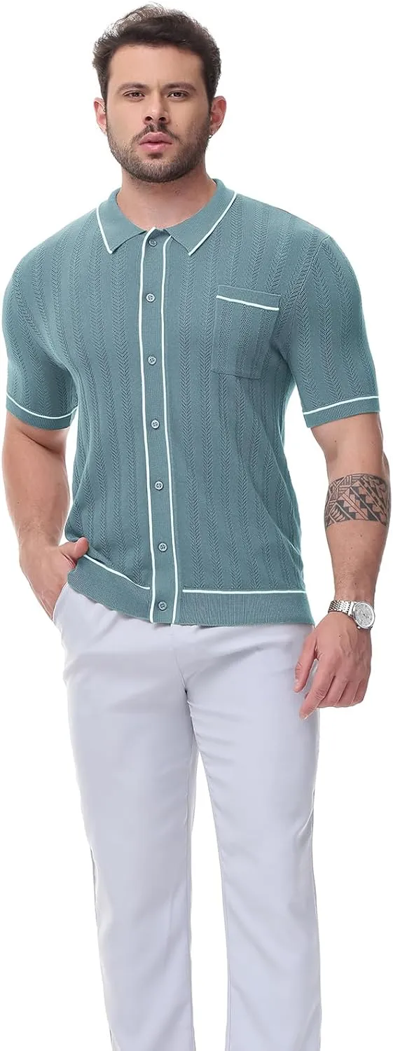 Men's Short Sleeve Breathable Knit Polo Shirt Hollow Out Button Down Knitwear
