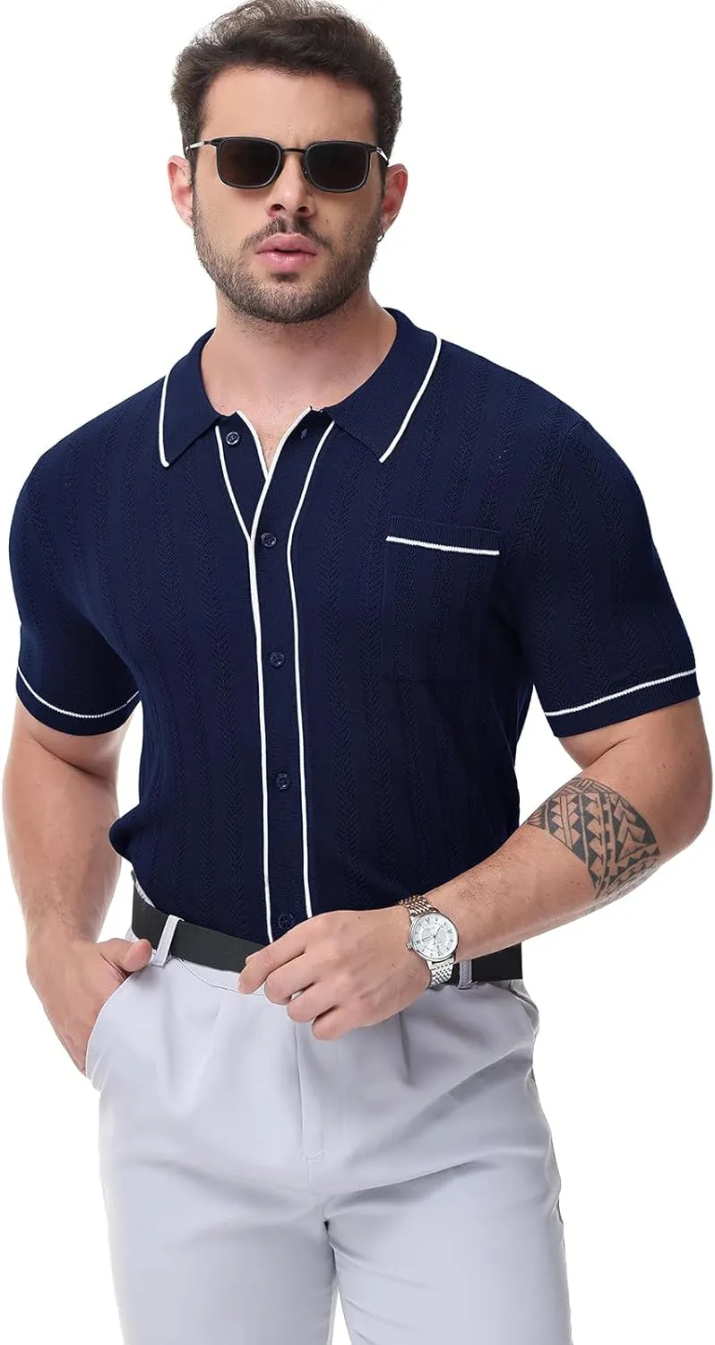 Men's Short Sleeve Breathable Knit Polo Shirt Hollow Out Button Down Knitwear