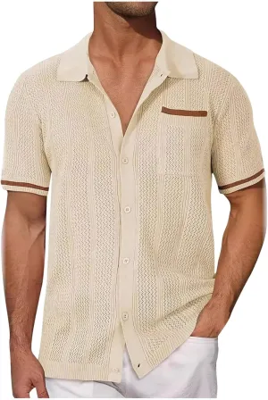 Men's Short Sleeve Knit Shirt Vintage Loose Button Down Lapel Solid Blouses Summer Casual Retro Workout Shirts