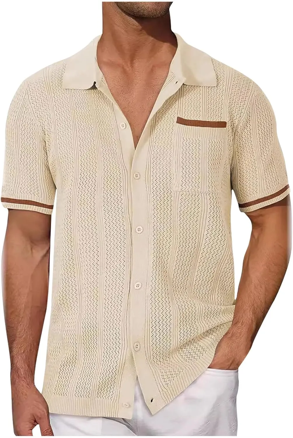 Men's Short Sleeve Knit Shirt Vintage Loose Button Down Lapel Solid Blouses Summer Casual Retro Workout Shirts