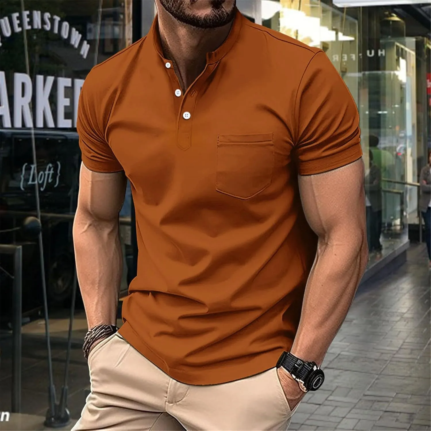 Mens Short Sleeve Polo Shirt Sports T-Shirt Athletic Golf Polos Casual Fashion Stand Collar Shirts with Chest Pocket