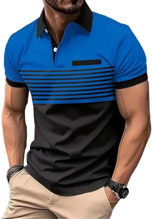 Mens Short Sleeve Striped Polo Shirts Fashion Contrast Color Golf Tops with Chest Striped Decoration