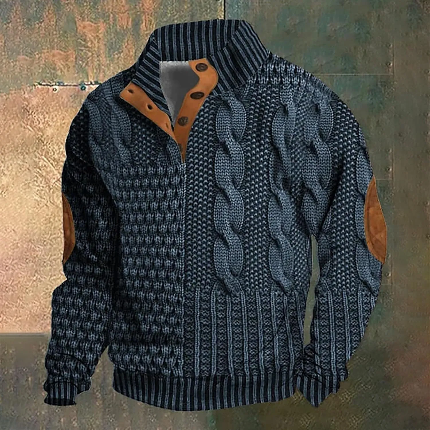 Mens Stand Collar Button Sweatshirt Outdoor Turtleneck Twist Pattern Imitation Knit Polo Long Sleeve Pullover Sweater
