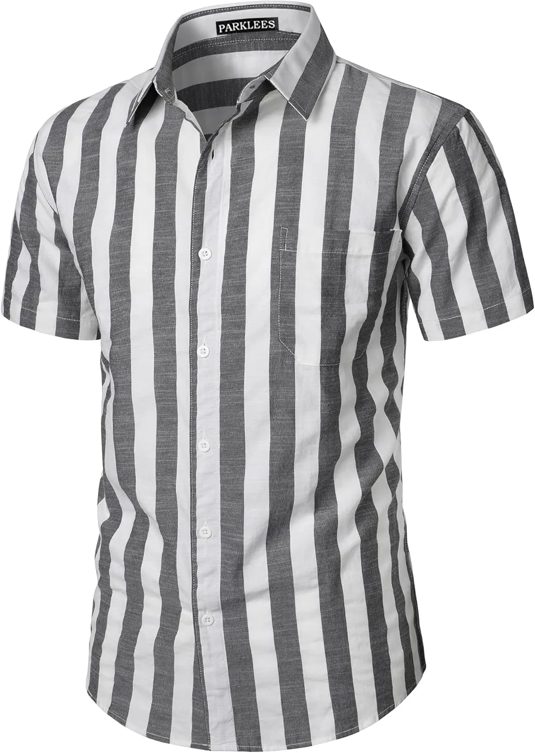Men's Summer Casual Cotton Linen Striped Shirt Button Down Short Sleeve Shirts