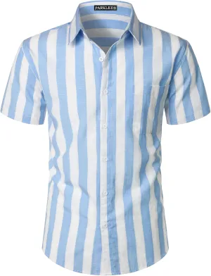 Men's Summer Casual Cotton Linen Striped Shirt Button Down Short Sleeve Shirts