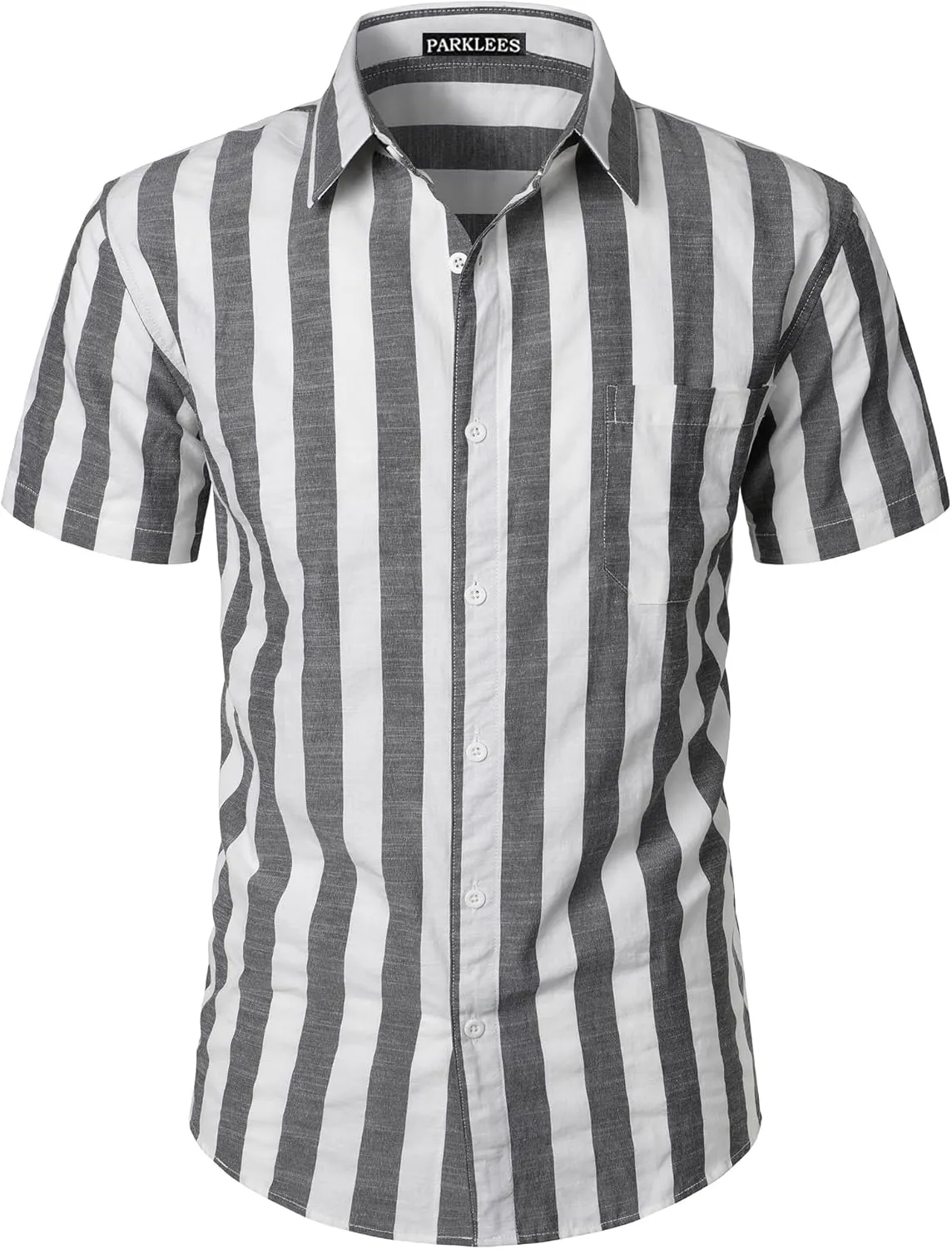 Men's Summer Casual Cotton Linen Striped Shirt Button Down Short Sleeve Shirts
