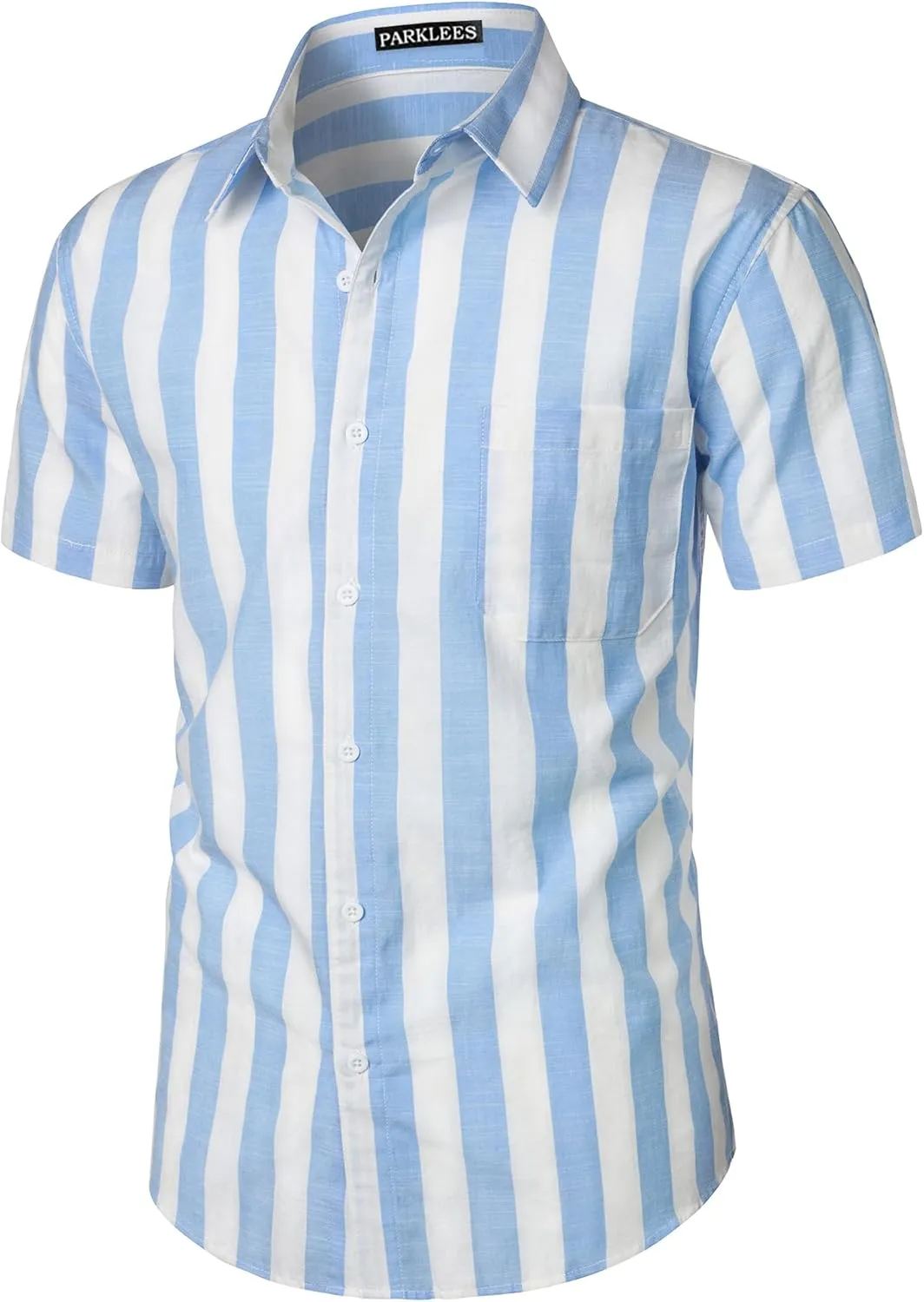 Men's Summer Casual Cotton Linen Striped Shirt Button Down Short Sleeve Shirts