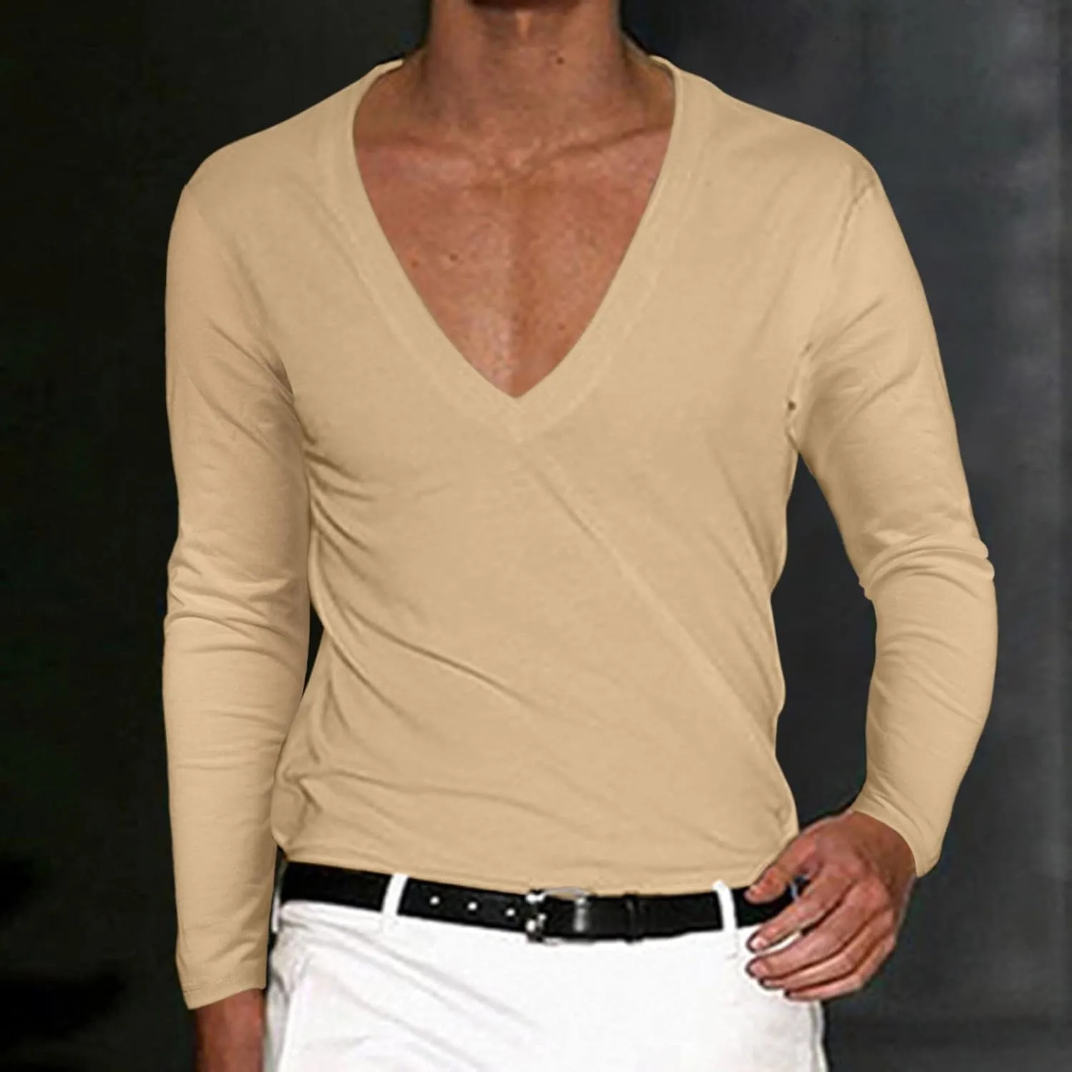 Men's Summer Shirts Long Sleeve Solid Color V Neck Blouse Solid Color Leisure Style Sport Pants Fresh Trendy Tee