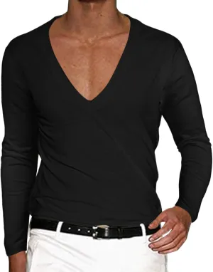 Men's Summer Shirts Long Sleeve Solid Color V Neck Blouse Solid Color Leisure Style Sport Pants Fresh Trendy Tee