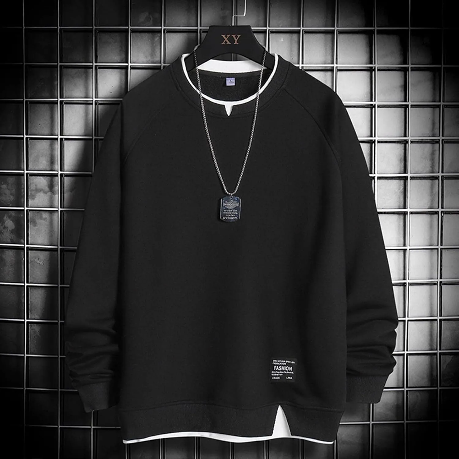 Men's Sweatshirt Raglan Sleeve Fake Two Piece Crewneck Long Sleeve Pullover Tops Fashion Lightweight Comfy Streetwear