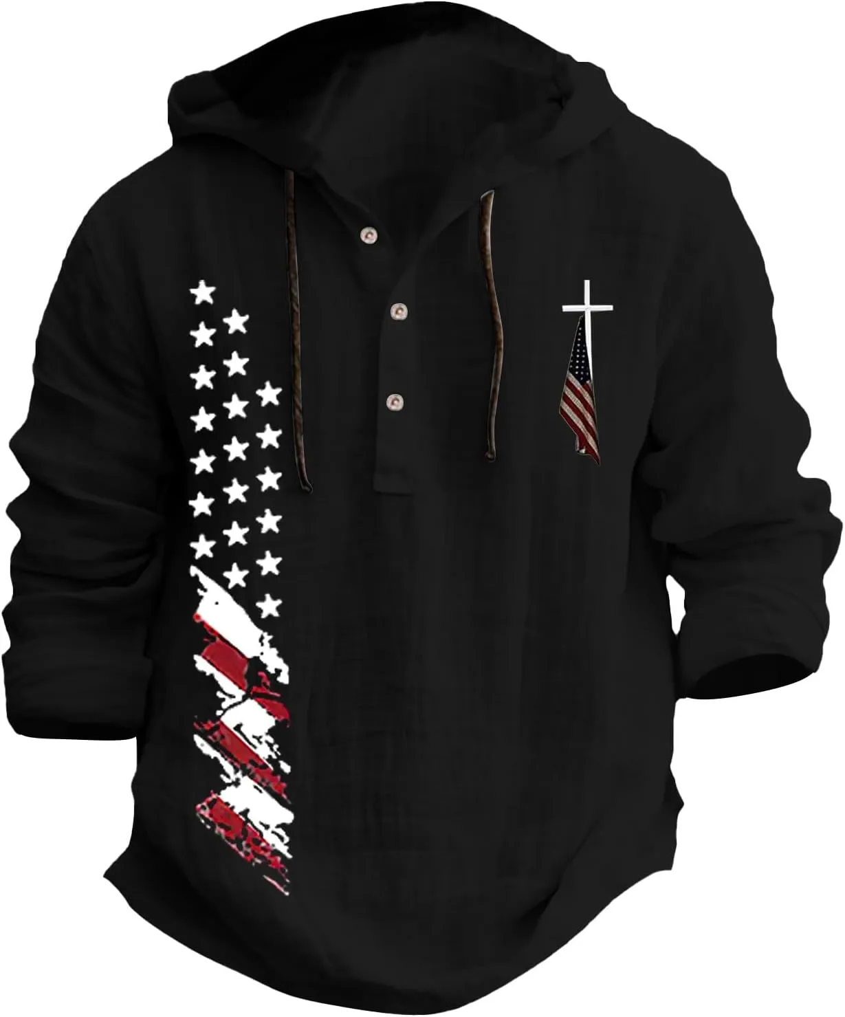 Men's USA Patriotic Linen Shirts Stylish Big and Tall Loose Hooded Pullover 3/4 Sleeve Lightweight Cotton Beach Tops