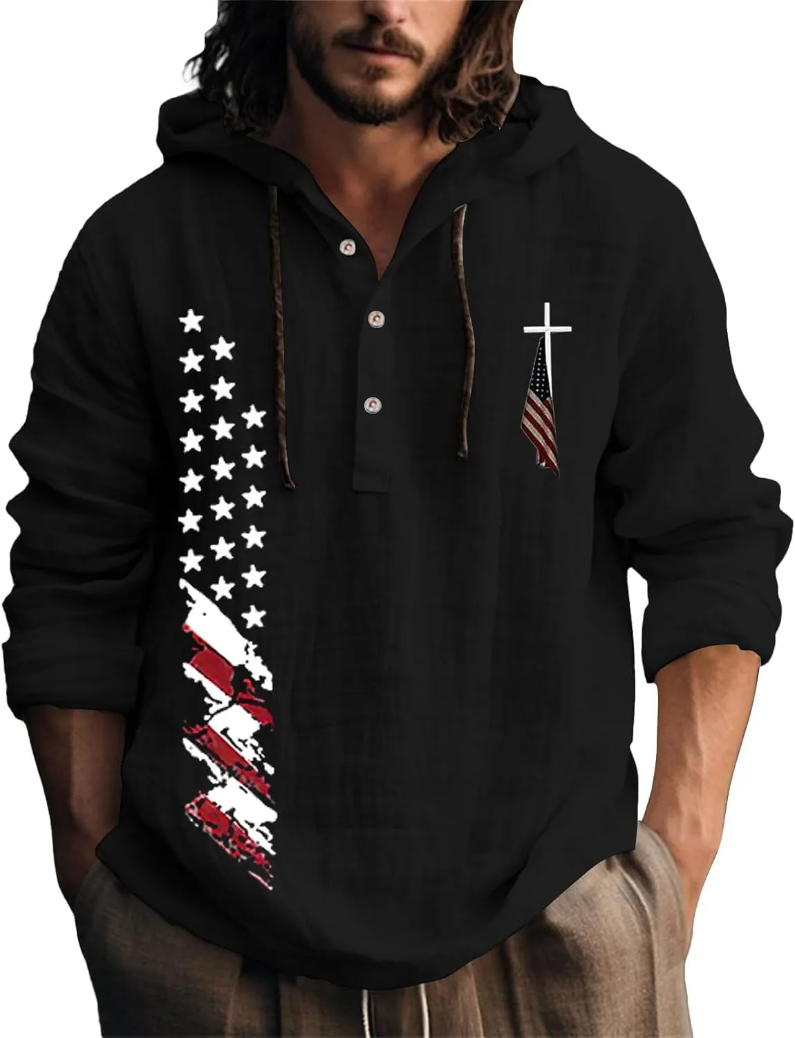Men's USA Patriotic Linen Shirts Stylish Big and Tall Loose Hooded Pullover 3/4 Sleeve Lightweight Cotton Beach Tops