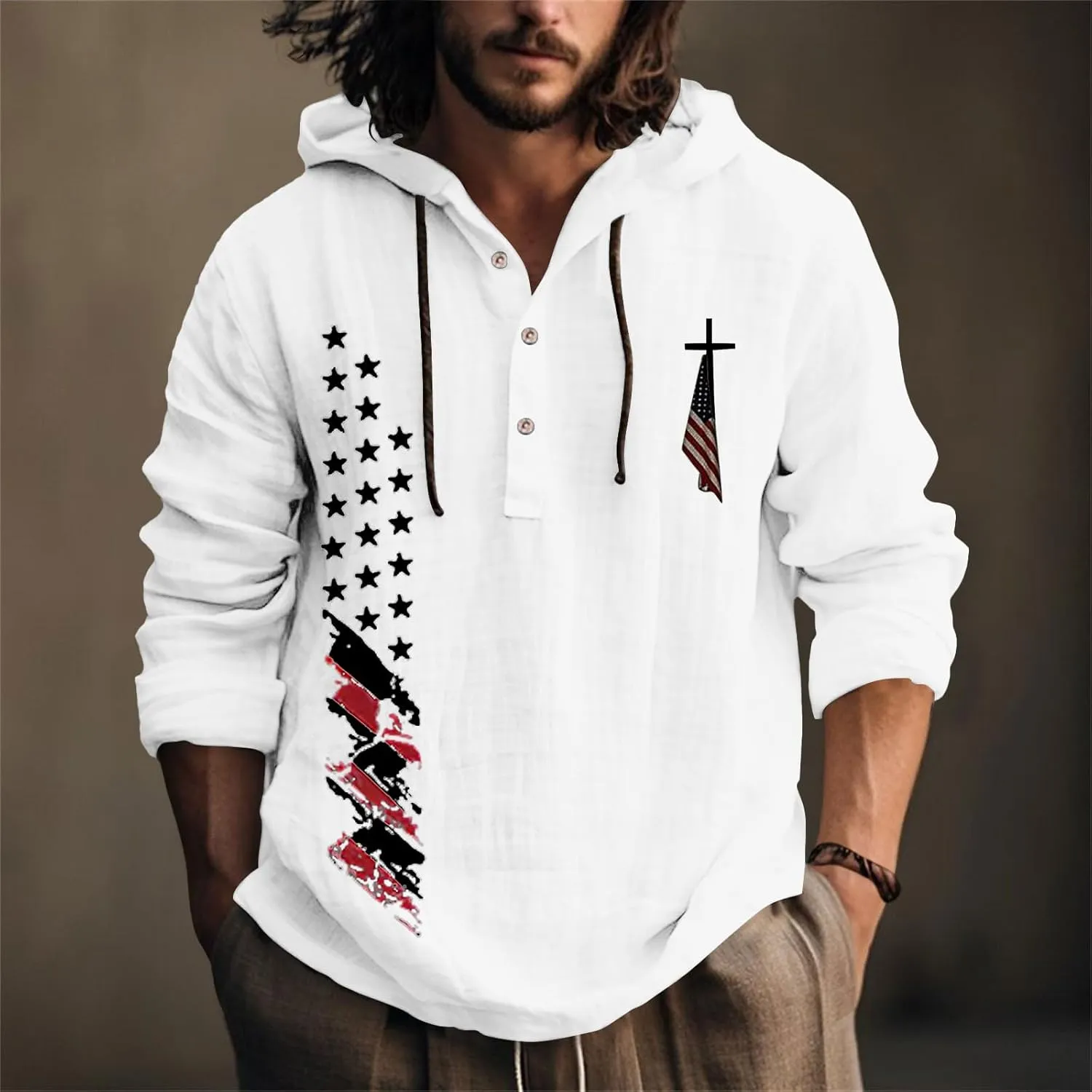 Men's USA Patriotic Linen Shirts Stylish Big and Tall Loose Hooded Pullover 3/4 Sleeve Lightweight Cotton Beach Tops