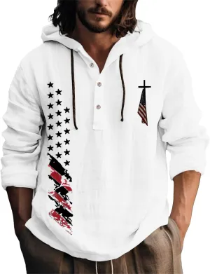Men's USA Patriotic Linen Shirts Stylish Big and Tall Loose Hooded Pullover 3/4 Sleeve Lightweight Cotton Beach Tops