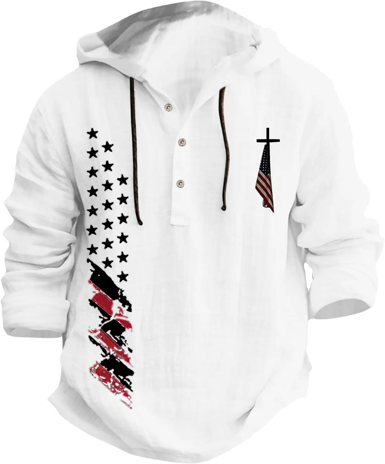 Men's USA Patriotic Linen Shirts Stylish Big and Tall Loose Hooded Pullover 3/4 Sleeve Lightweight Cotton Beach Tops