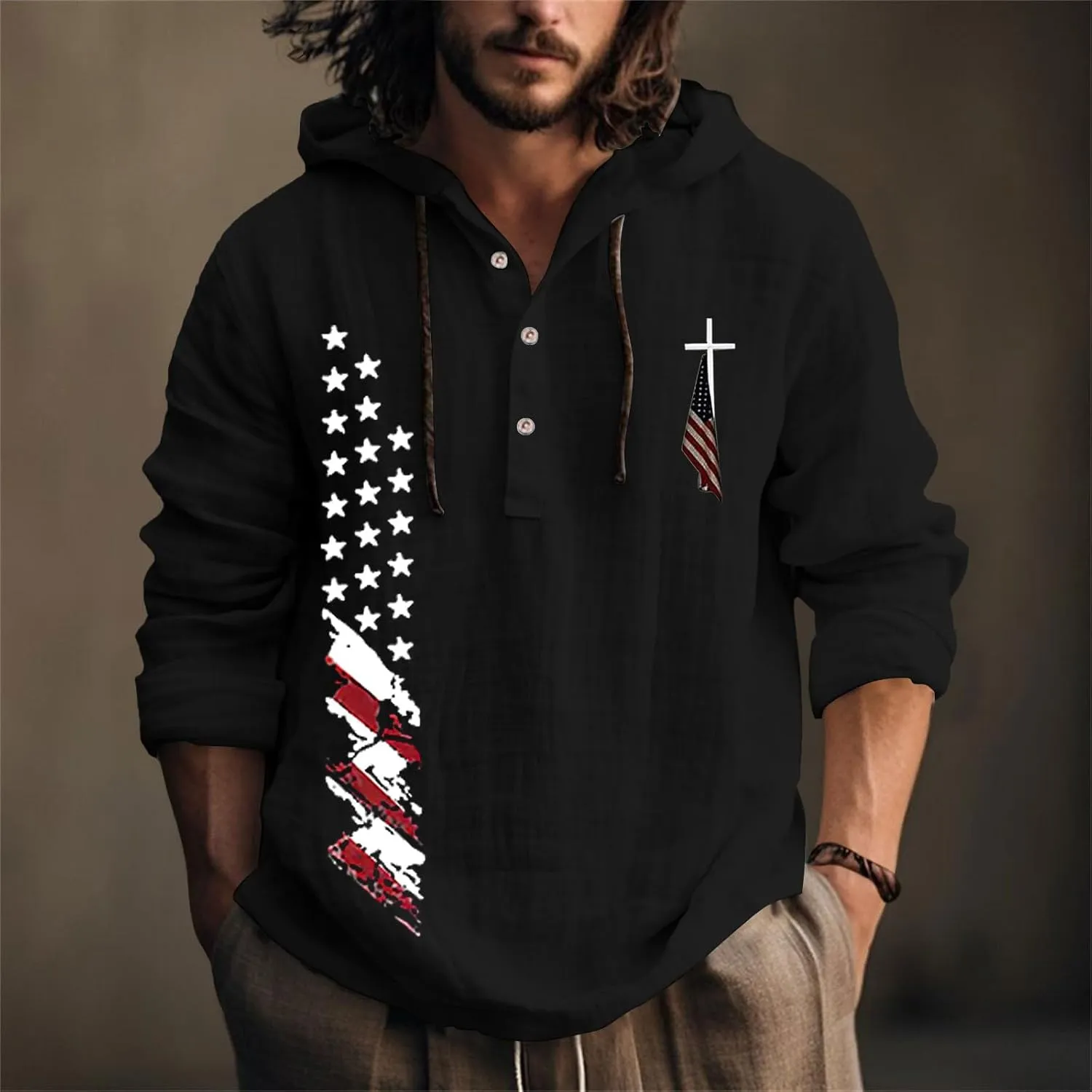 Men's USA Patriotic Linen Shirts Stylish Big and Tall Loose Hooded Pullover 3/4 Sleeve Lightweight Cotton Beach Tops