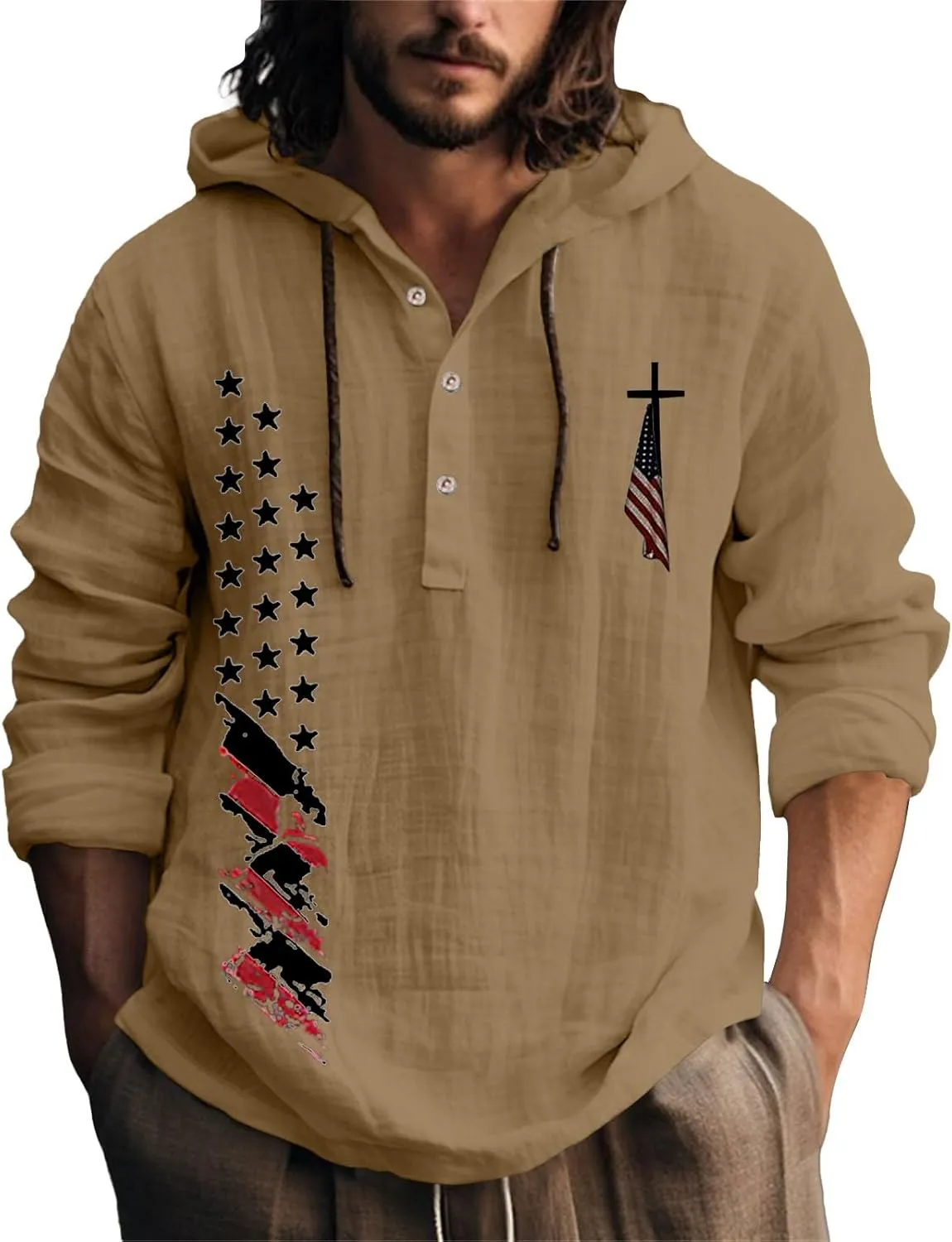 Men's USA Patriotic Linen Shirts Stylish Big and Tall Loose Hooded Pullover 3/4 Sleeve Lightweight Cotton Beach Tops