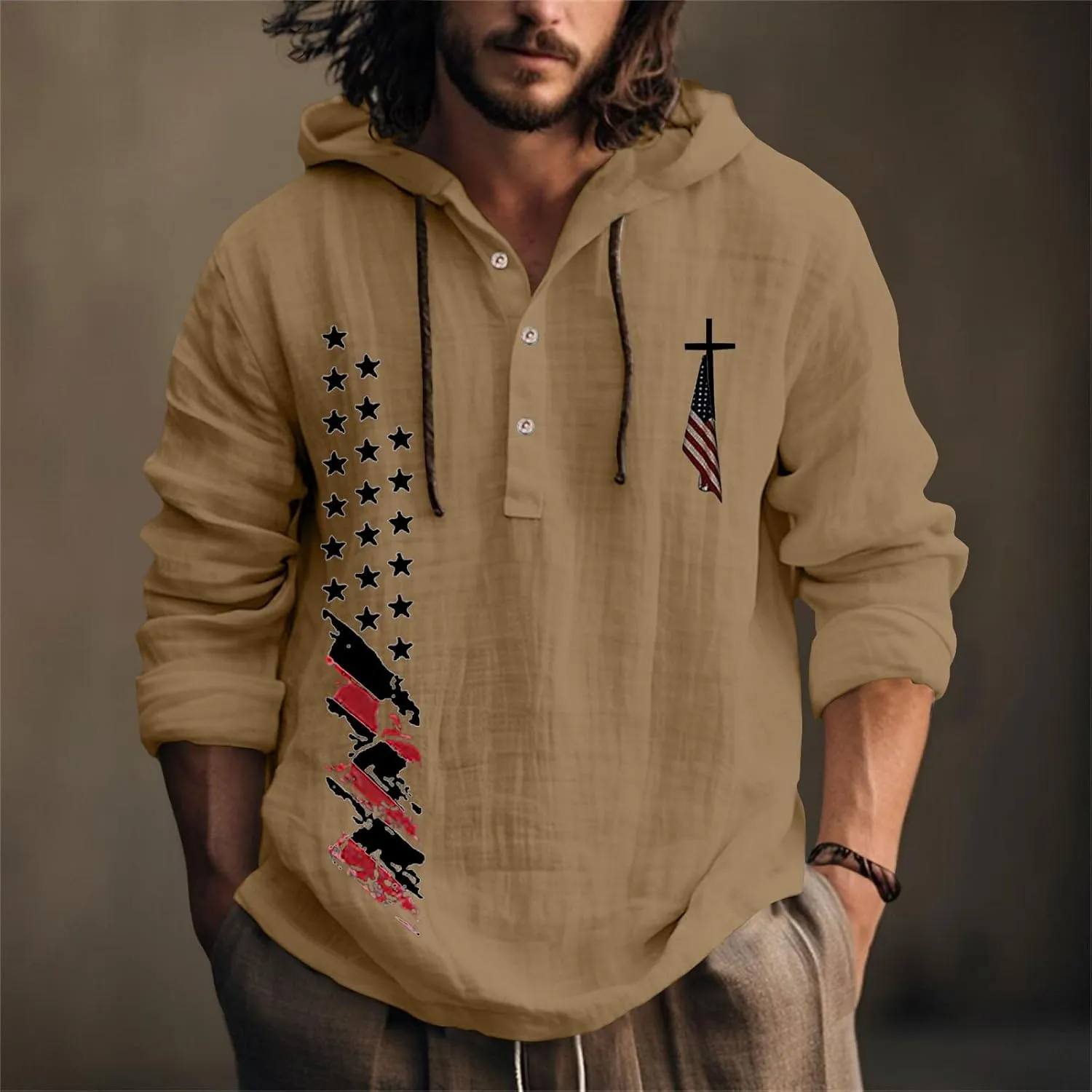 Men's USA Patriotic Linen Shirts Stylish Big and Tall Loose Hooded Pullover 3/4 Sleeve Lightweight Cotton Beach Tops