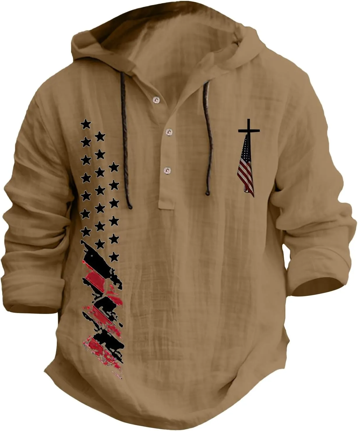 Men's USA Patriotic Linen Shirts Stylish Big and Tall Loose Hooded Pullover 3/4 Sleeve Lightweight Cotton Beach Tops