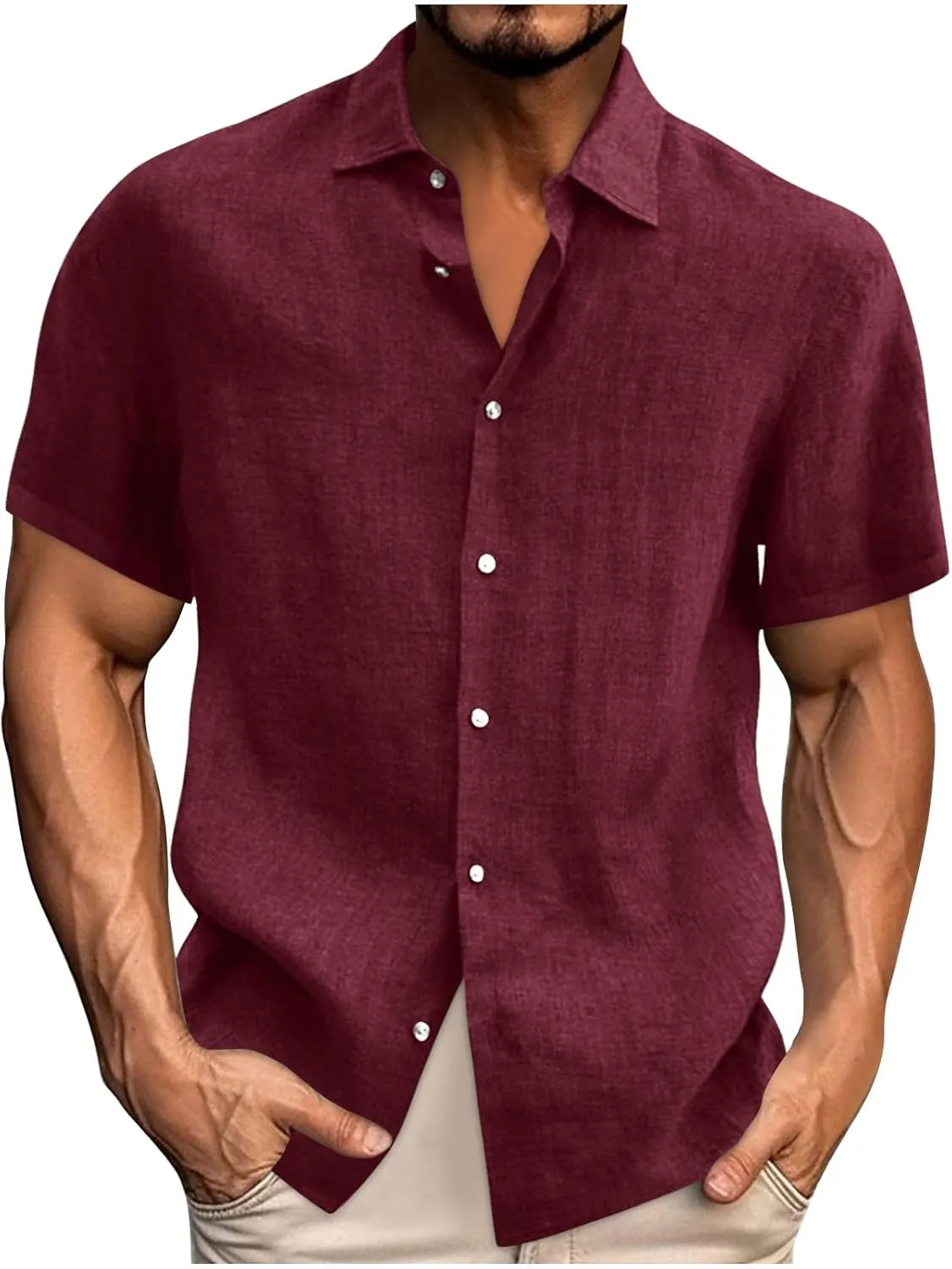 Mens's Cotton Linen Lightweight Lapel Shirts Summer Short Sleeve Solid Button Down Shirt Casual Fashion Tropical Tops