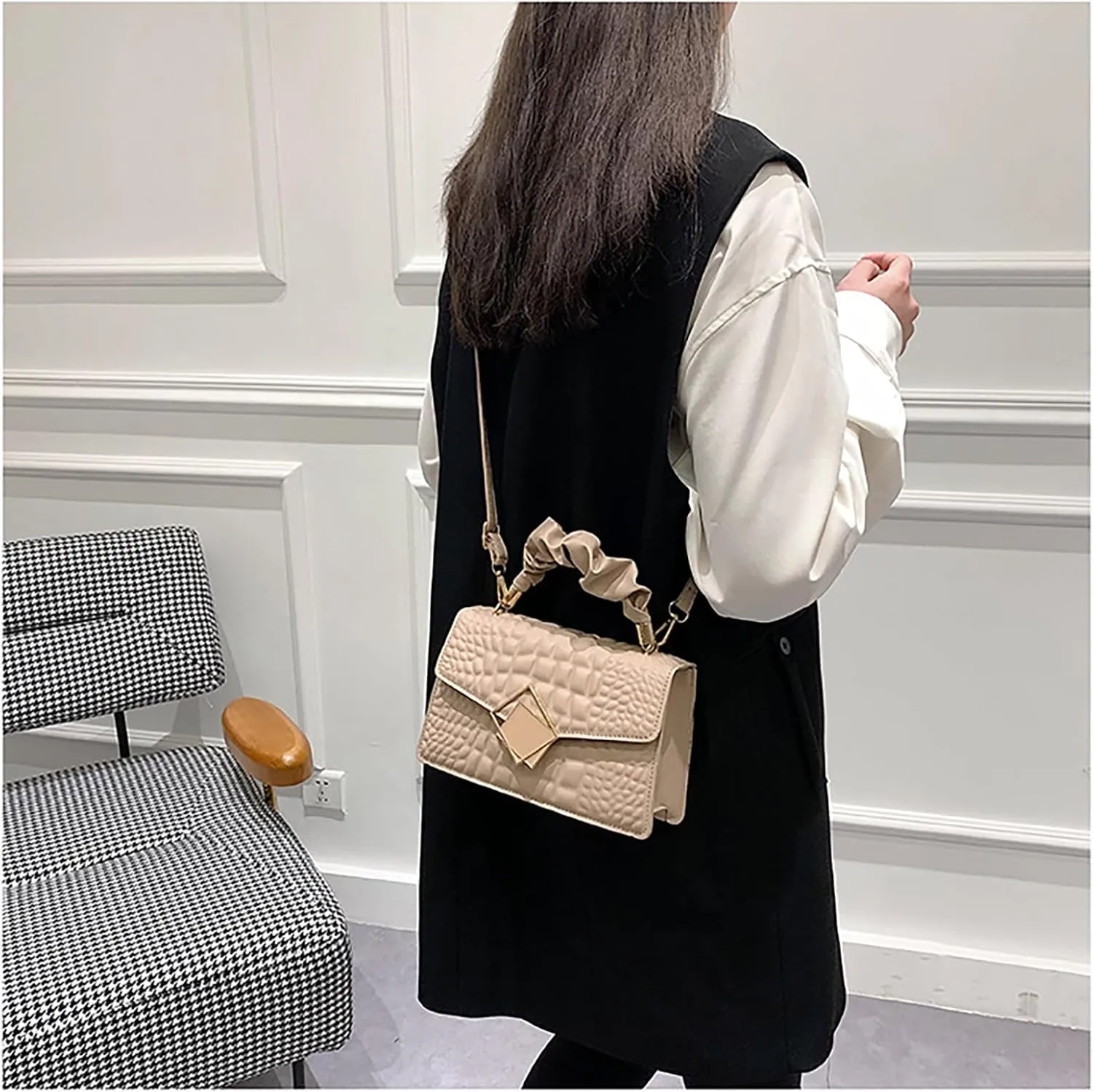 Metal Detail Top Handle Square Bag Textured Small Totes Cross Body Bag for Women