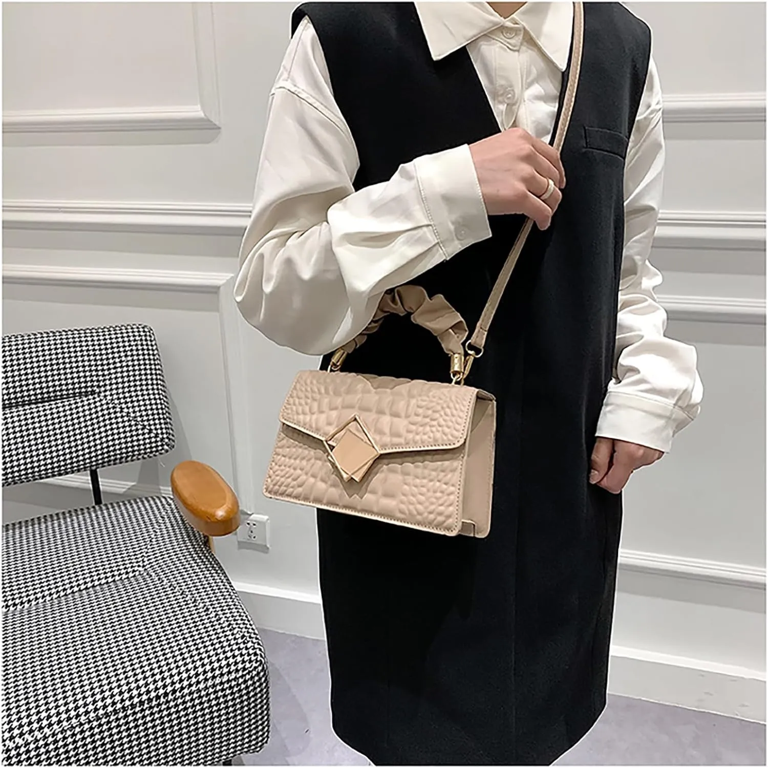 Metal Detail Top Handle Square Bag Textured Small Totes Cross Body Bag for Women