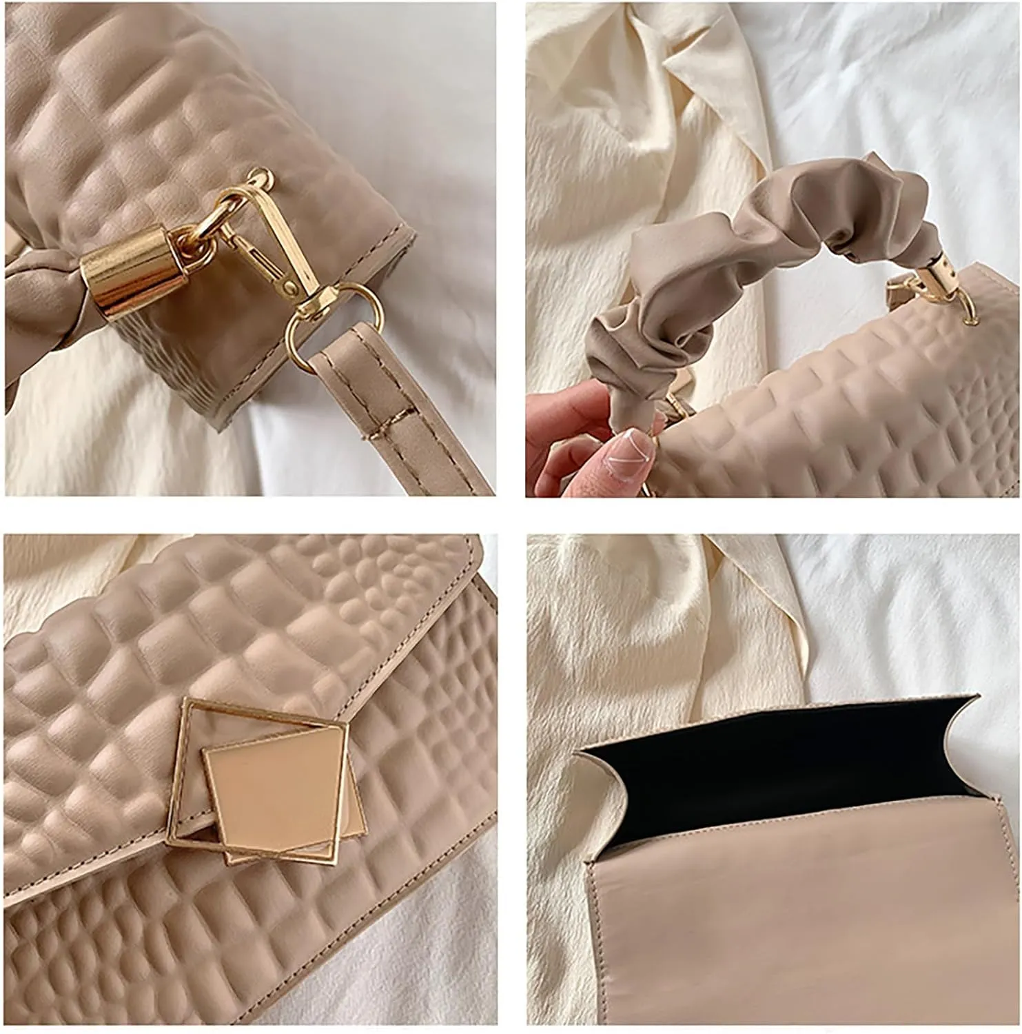 Metal Detail Top Handle Square Bag Textured Small Totes Cross Body Bag for Women