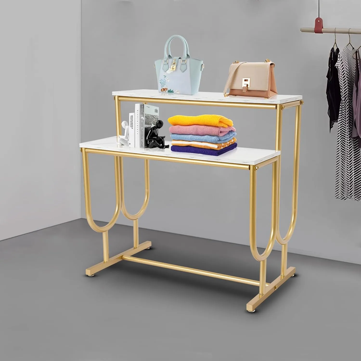 Metal Shoe Handbag Display Stand, 2 Tier Retail Nesting Display Tables, Heavy Duty Boutique Display Riser Shelf Modern Standing Clothing Shoes Display Rack for Retail Stores