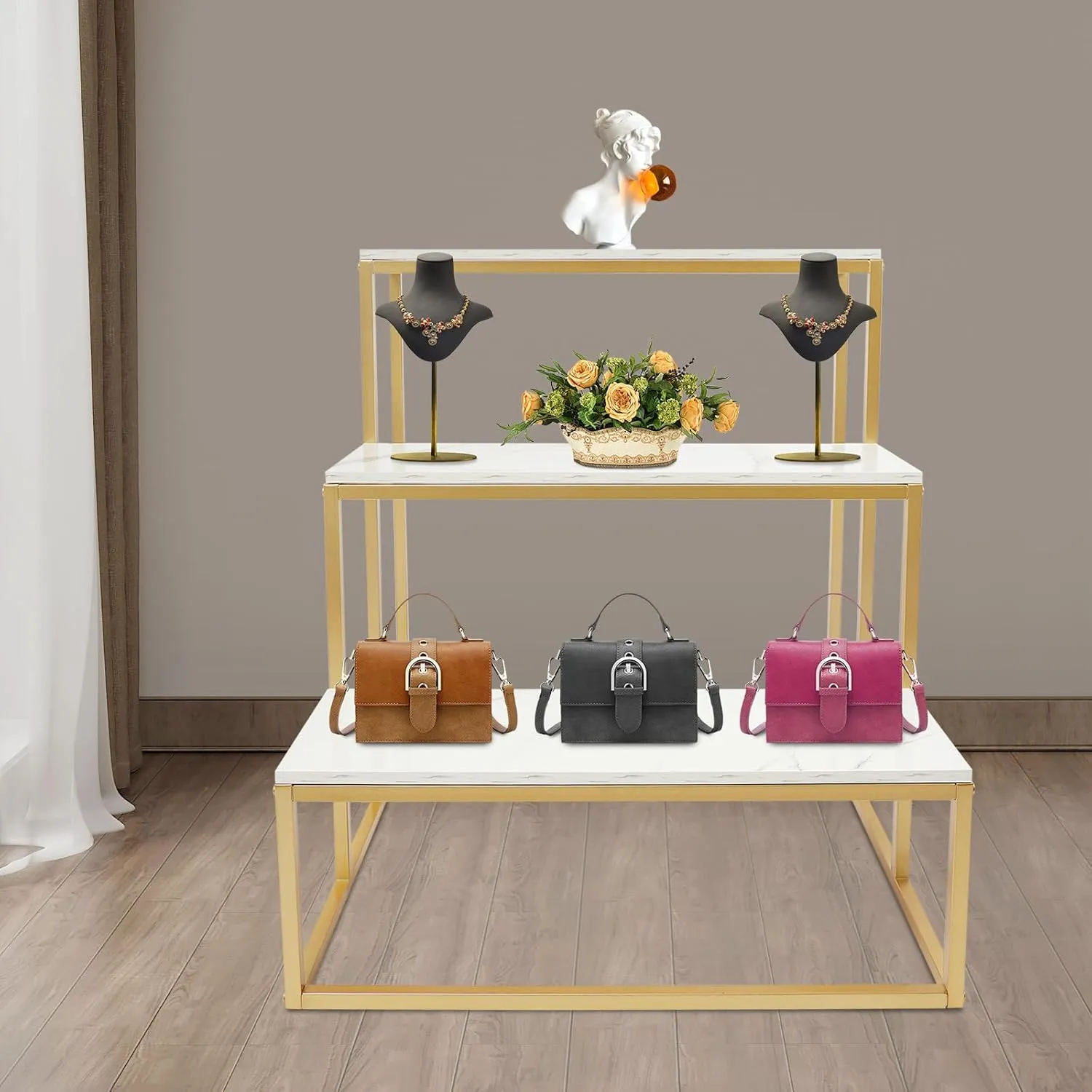 Metal Shoe Handbag Display Stand, 3 Tier Retail Nesting Display Tables, Heavy Duty Boutique Display Riser Shelf Modern Standing Clothing Shoes Display Rack for Retail Stores
