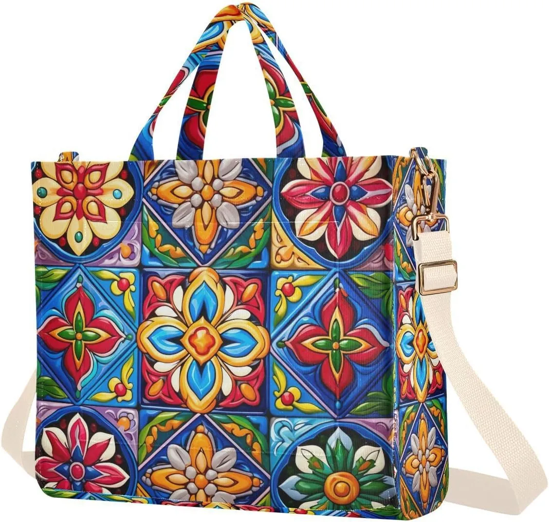 Mexican Ceramic Tile Corduroy Tote Bag for Women Hobo Crossbody Bag Purse Stylish Shoulder Handbag Messenger Bags, S