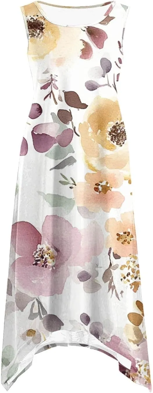 Midi Dresses for Women Summer Boho Floral Print Flowy Sleeveless Tank Dress Swing Casual Sundress Beach Vacation