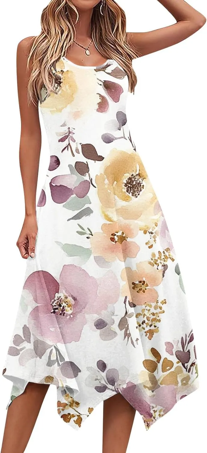Midi Dresses for Women Summer Boho Floral Print Flowy Sleeveless Tank Dress Swing Casual Sundress Beach Vacation