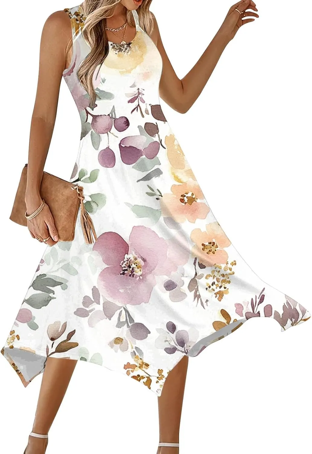 Midi Dresses for Women Summer Boho Floral Print Flowy Sleeveless Tank Dress Swing Casual Sundress Beach Vacation
