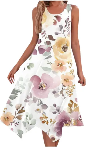 Midi Dresses for Women Summer Boho Floral Print Flowy Sleeveless Tank Dress Swing Casual Sundress Beach Vacation