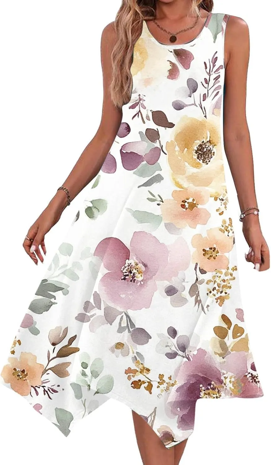 Midi Dresses for Women Summer Boho Floral Print Flowy Sleeveless Tank Dress Swing Casual Sundress Beach Vacation
