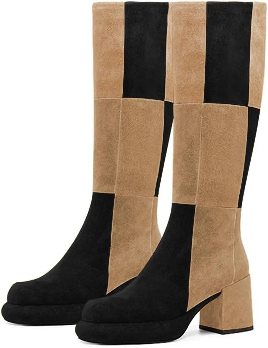 miss left Women Platform Knee High Boots Closed Round Toe Mid Chunky Heel Patchwork Winter Fall Boot Side Zip Dressy Daily Casual Party Walking Shoes Size 4-16 US