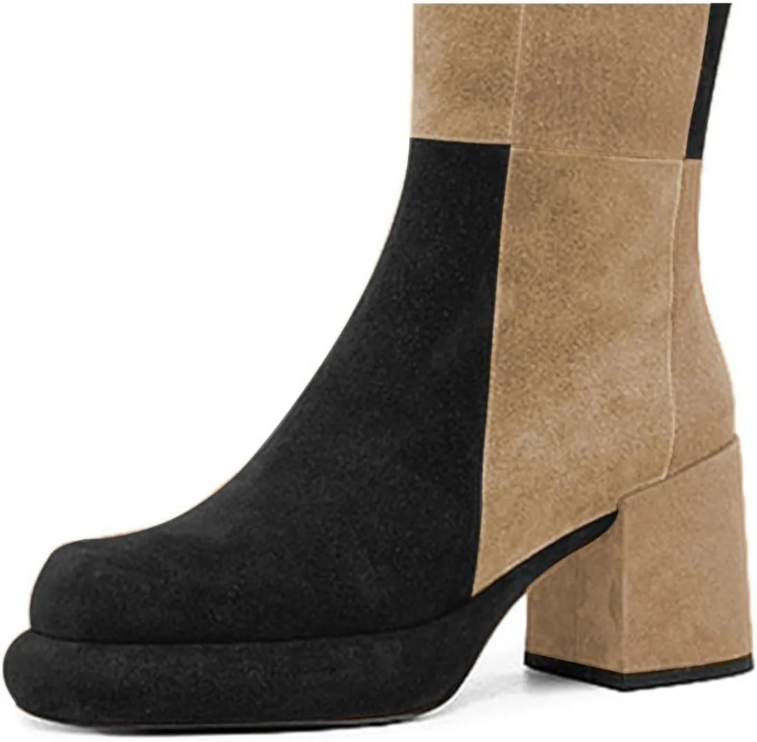 miss left Women Platform Knee High Boots Closed Round Toe Mid Chunky Heel Patchwork Winter Fall Boot Side Zip Dressy Daily Casual Party Walking Shoes Size 4-16 US