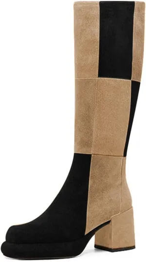 miss left Women Platform Knee High Boots Closed Round Toe Mid Chunky Heel Patchwork Winter Fall Boot Side Zip Dressy Daily Casual Party Walking Shoes Size 4-16 US