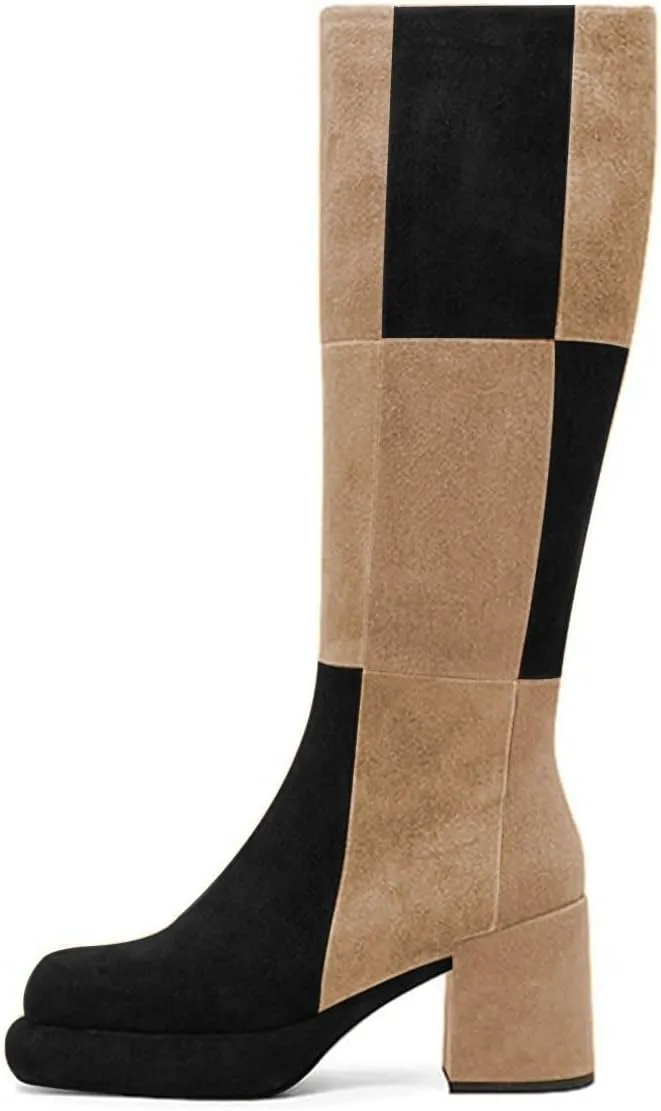 miss left Women Platform Knee High Boots Closed Round Toe Mid Chunky Heel Patchwork Winter Fall Boot Side Zip Dressy Daily Casual Party Walking Shoes Size 4-16 US