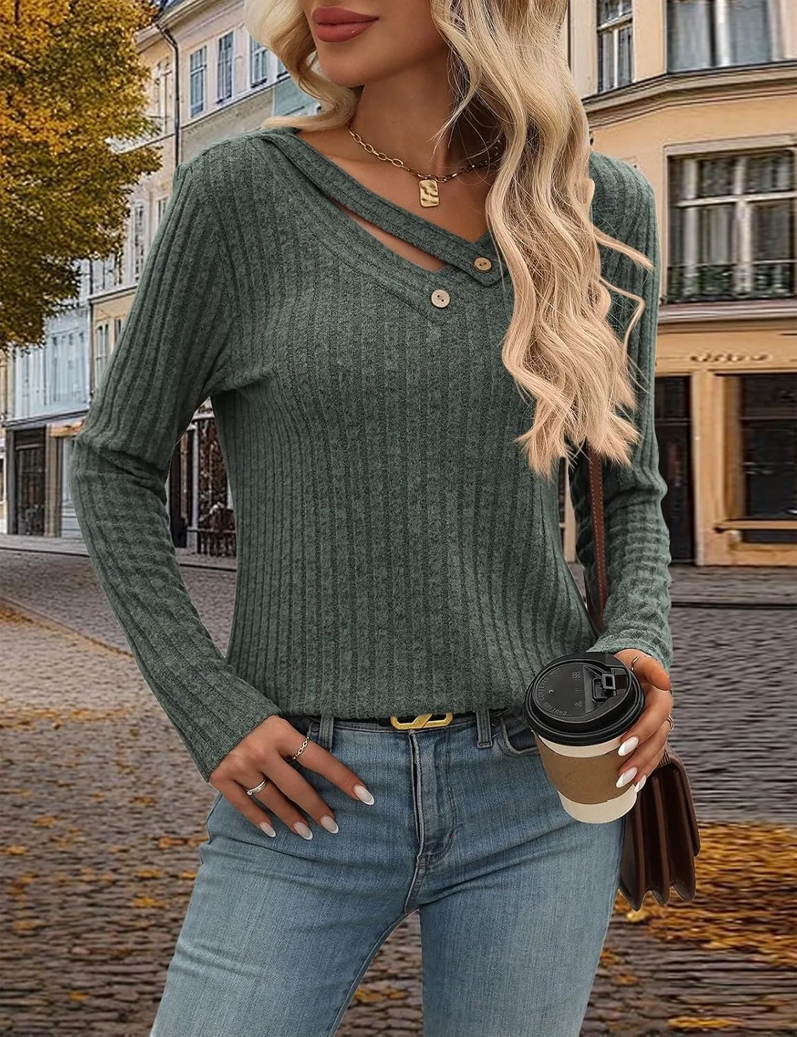 Misyula Style Long Sleeve Shirts for Women V Neck Fall Sweaters Dressy Casual Basic Tops 2024 Trendy Pullover S-2XL