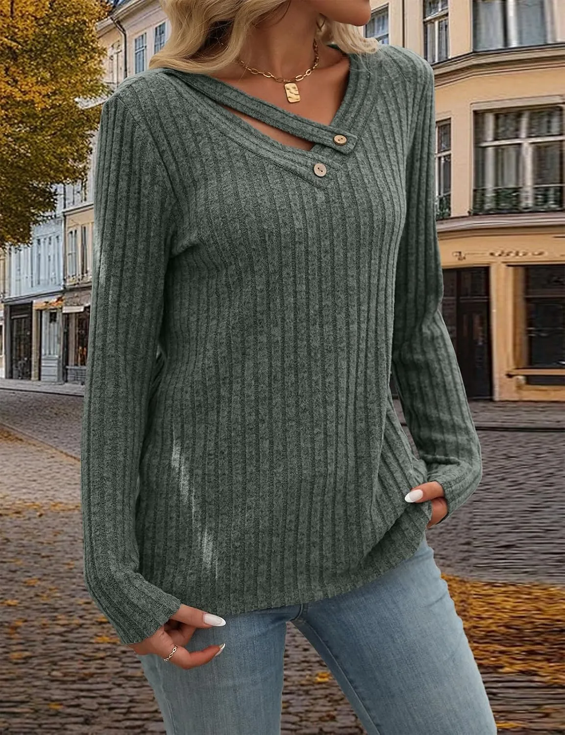 Misyula Style Long Sleeve Shirts for Women V Neck Fall Sweaters Dressy Casual Basic Tops 2024 Trendy Pullover S-2XL