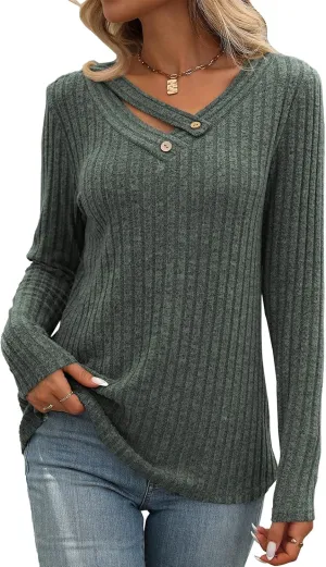 Misyula Style Long Sleeve Shirts for Women V Neck Fall Sweaters Dressy Casual Basic Tops 2024 Trendy Pullover S-2XL