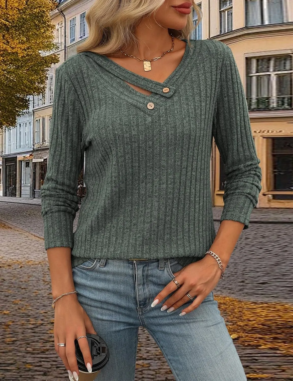 Misyula Style Long Sleeve Shirts for Women V Neck Fall Sweaters Dressy Casual Basic Tops 2024 Trendy Pullover S-2XL