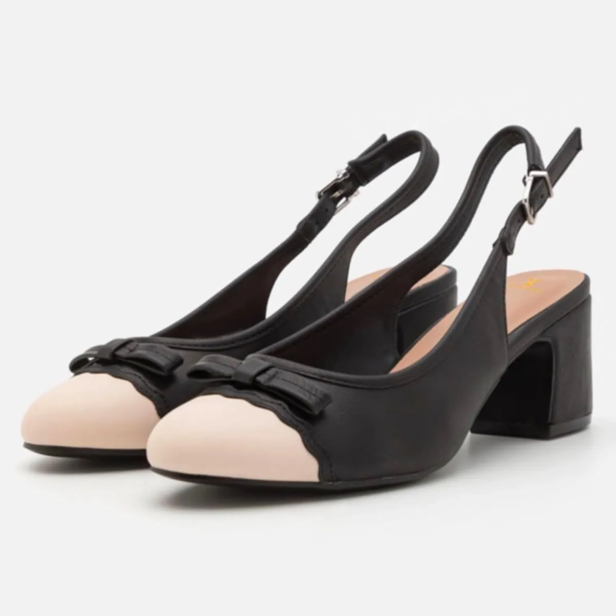 MOOMMO Women Chunky Block Heel Slingback Pumps Bow Two-Toned Cap Toe Dress Shoes Backless Ankle Buckle Strap Round Closed Toe Sandals 2 Inch Mid Thick Heels Patchwork Party Office Elegant 4-11 M US