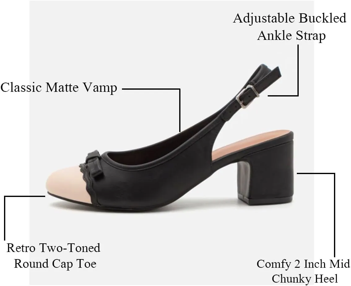 MOOMMO Women Chunky Block Heel Slingback Pumps Bow Two-Toned Cap Toe Dress Shoes Backless Ankle Buckle Strap Round Closed Toe Sandals 2 Inch Mid Thick Heels Patchwork Party Office Elegant 4-11 M US