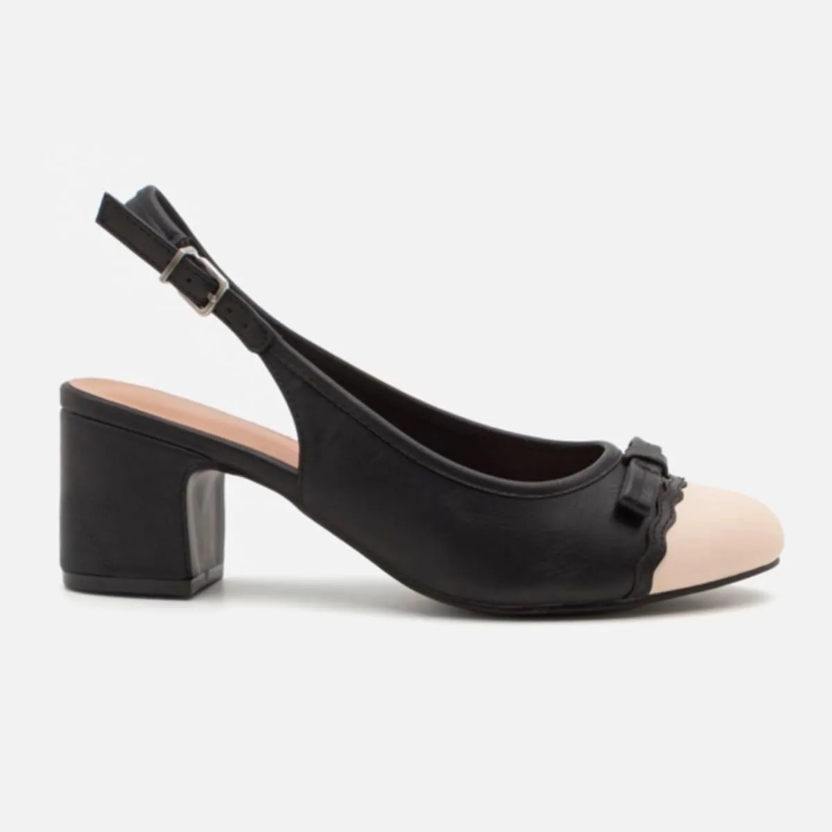 MOOMMO Women Chunky Block Heel Slingback Pumps Bow Two-Toned Cap Toe Dress Shoes Backless Ankle Buckle Strap Round Closed Toe Sandals 2 Inch Mid Thick Heels Patchwork Party Office Elegant 4-11 M US