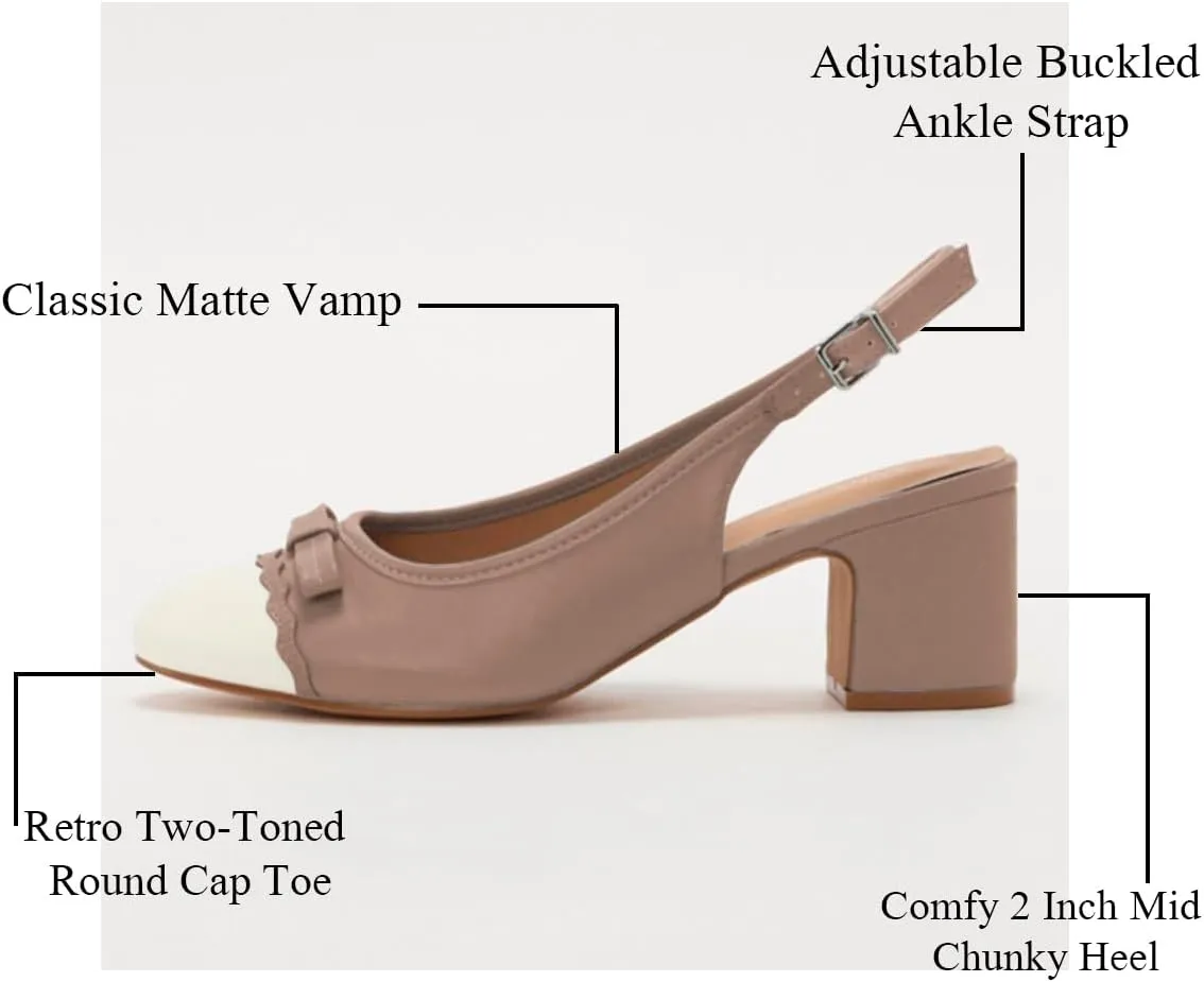 MOOMMO Women Chunky Block Heel Slingback Pumps Bow Two-Toned Cap Toe Dress Shoes Backless Ankle Buckle Strap Round Closed Toe Sandals 2 Inch Mid Thick Heels Patchwork Party Office Elegant 4-11 M US