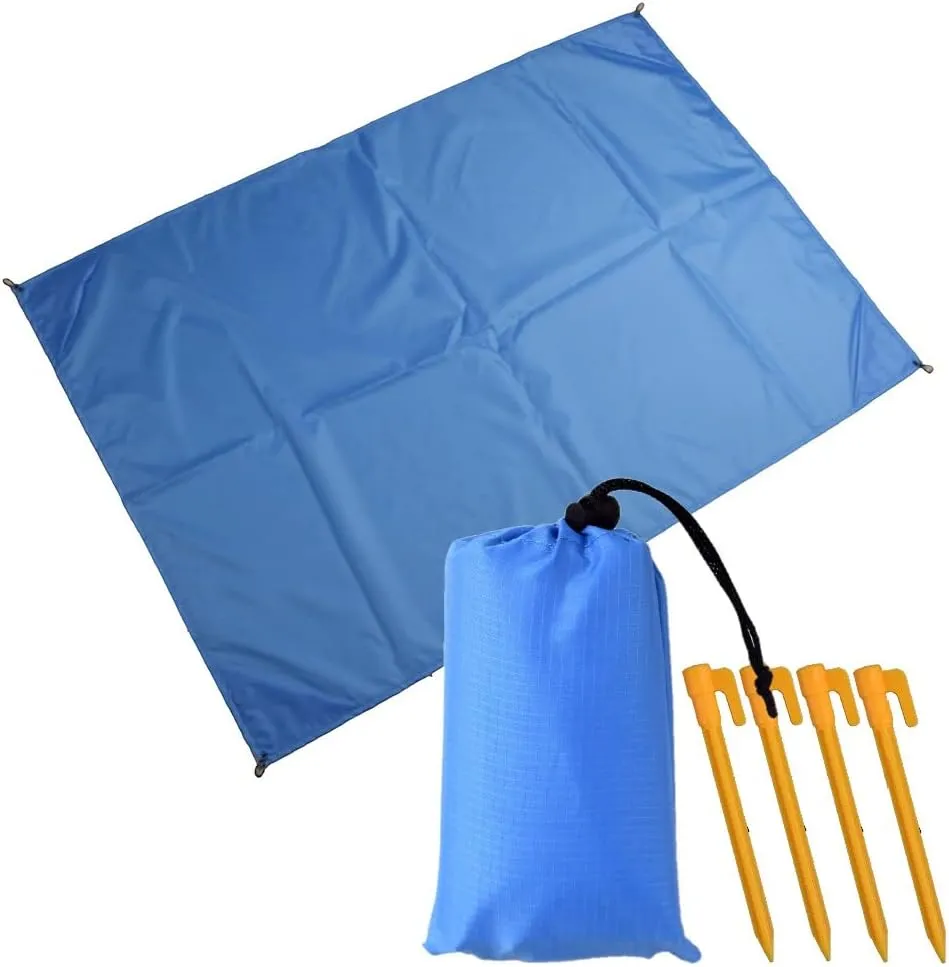 Muka Beach Blanket Portable Compact Sand-Proof Waterproof Lightweight for Outdoor Camping, Picnic, Sunbath Mat w/Fixed Piles and Storage